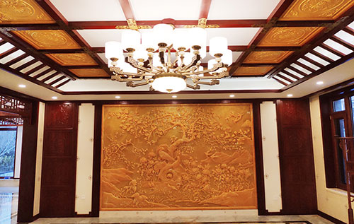 文安中式别墅客厅中式木作横梁吊顶装饰展示